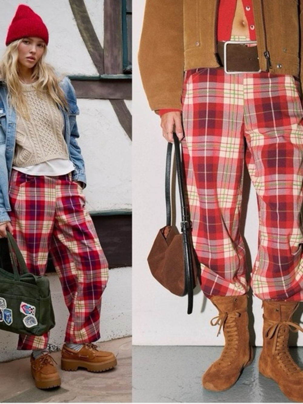 Free People Red Plaid High-Rise Wide-Leg Pants